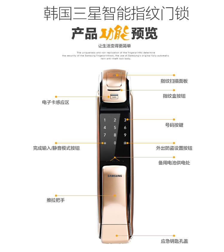 三星指紋鎖DP728 推拉手機(jī)開門電子鎖